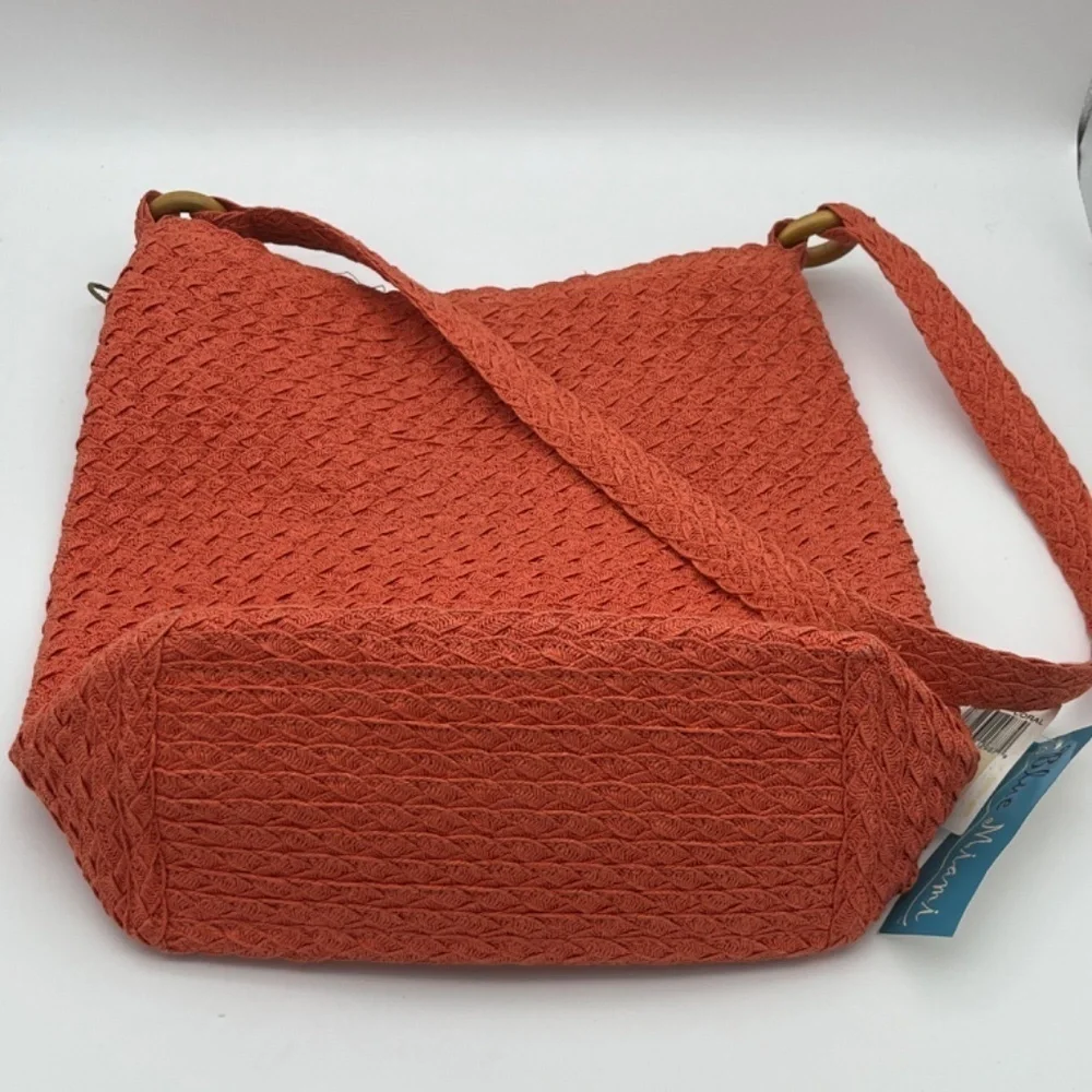 NWT Blue Miami Corral Woven Bag with Shell Flower and Wooden Ring Accents
